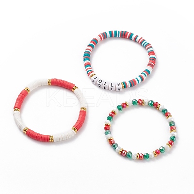 3Pcs 3 Style Polymer Clay Heishi Surfer Stretch Bracelets Set with Word Jolly Acrylic Beads BJEW-TA00129-1
