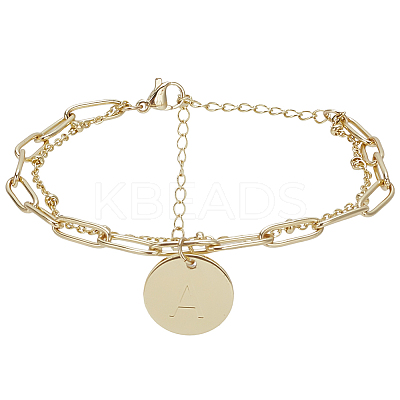 1Pc Brass Paperclip & Satellite Chains Double Layer Multi-strand Bracelet with Initial Letter A Charms for Women BJEW-AN0001-01-1