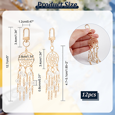 12Pcs Alloy Woven Web/Net with ABS Imitation Pearl Bead Tassel Pendant Decoration HJEW-NB0001-70-1