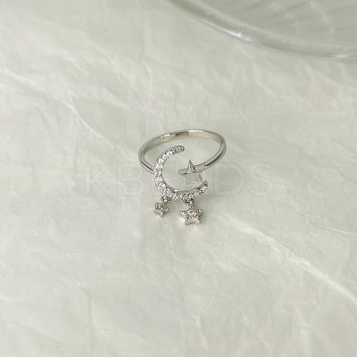 Star & Moon Rhodium Plated 925 Sterling Silver Micro Pave Clear Cubic Zirconia Cuff Rings FS-WGB6FCD-01-1