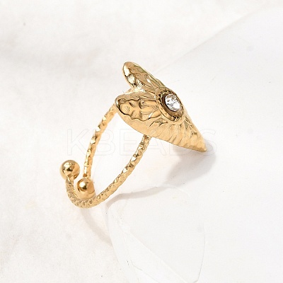 Texture Heart 304 Stainless Steel Rhinestone Cuff Open Finger Rings for Women RJEW-A091-10G-1