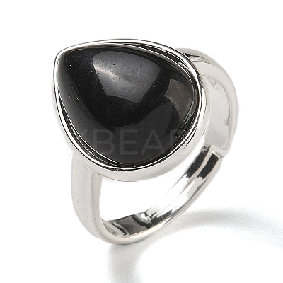Natural Obsidian Teardrop Adjustable Rings RJEW-K371-08S-08-1