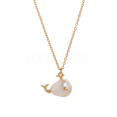 Natural Baroque Keshi Pearl Fish Pendant Brass Chain Necklaces FS-WGF6066-03-1