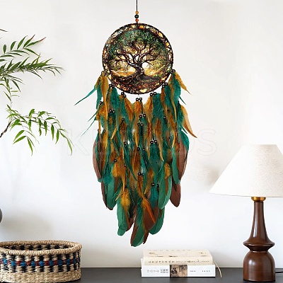Tree of Life Resin & Acrylic & Woven Net/Web with Feather Hanging Ornaments HJEW-A013-02-1