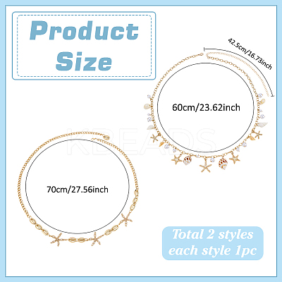 2Pcs 2 Styles Natural Mixed Shell & Alloy Starfish Tassel Chain Belts AJEW-PH0006-73-1