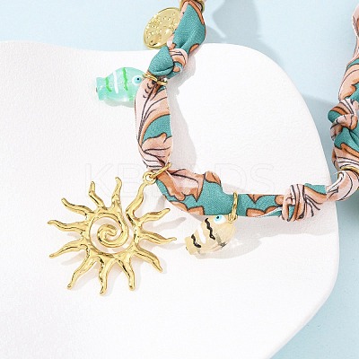 304 Stainless Steel Sun & Resin Fish Pendant Polyester Scarf Necklaces for Women NJEW-D340-03G-1