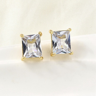 Brass Clear Cubic Zirconia Rectangle Stud Earrings EJEW-L261-025G-1