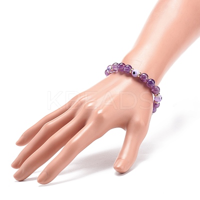 Natural Amethyst & Lampwork Evil Eye Round Beaded Stretch Bracelet BJEW-JB08713-06-1