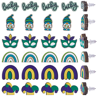 60Pcs 6 Styles Saint Patrick's Day Wood Stud Earrings EJEW-SC0001-42-1