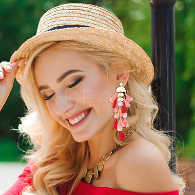 2 Pairs 2 Colors Polyester Tassel with Pompom Boho Chandelier Earrings EJEW-AN0001-75-1