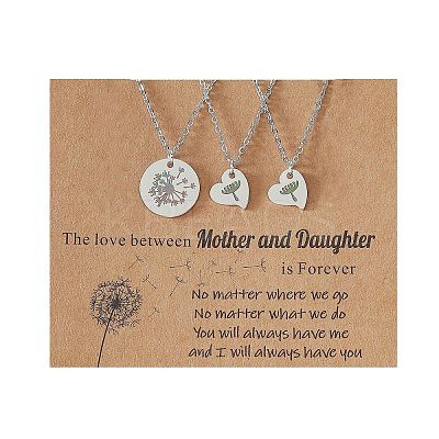 Mother and Daughter 304 Stainless Steel Dandelion Flat Round Heart Pendant Necklaces for Women FS-WGEED69-03-1