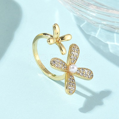 Brass Micro Pave Cubic Zirconia ABS Imitation Pearl Cuff Rings RJEW-D307-02G-A-1