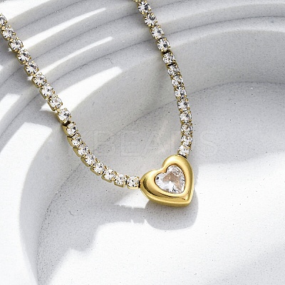 304 Stainless Steel Clear Cubic Zirconia Heart Pendant Necklaces for Women NJEW-Z044-15G-02-1