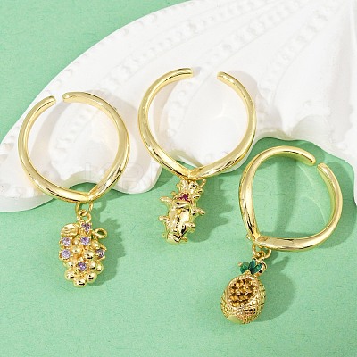Fruit Theme Brass Micro Pave Cubic Zirconia Open Cuff Rings for Women RJEW-U057-07G-1