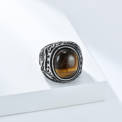 304 Stainless Steel with Natural Tiger Eye Finger Rings for Men FS-WG44E14-11-1