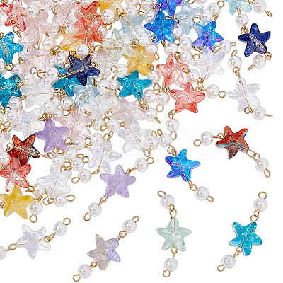 50Pcs Gradient Color Baking Paint Transparent Glass Starfish & ABS Plastic Imitation Pearl Connector Charms PALLOY-AR00033-1