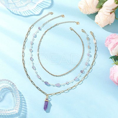 Natural Amethyst Double Terminated Pointed Bullet Pendant 304 Stainless Steel & Brass Chain 3 Layer Necklaces for Women NJEW-JN05477-01-1