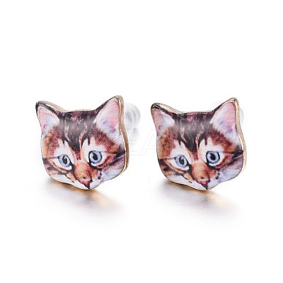 Real 14K Gold Plated Alloy Kitten Stud Earrings EJEW-G148-01G-01-1