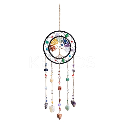 7 Chakra Tree of Life Natural Gemstone Chips Hanging Suncatchers HJEW-F023-02-1