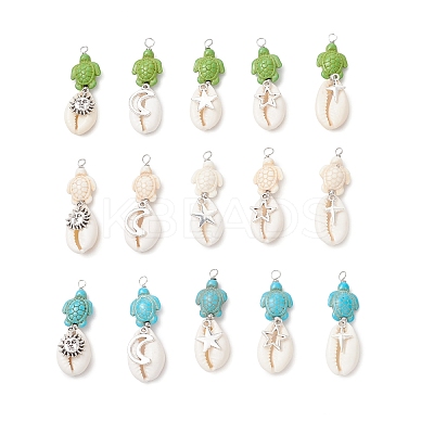 15Pcs 15 Styles Natural Cowrie Shell & Dyed Synthetic Turquoise Turtle Copper Wire Wrapped Pendants PALLOY-JF04034-1