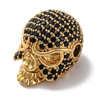 Skull Shape Rack Plating Brass with Cubic Zirconia Beads KK-S406-14G-1