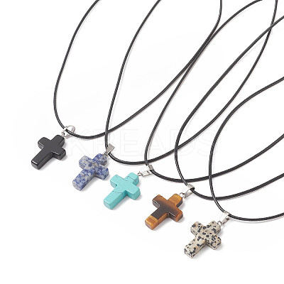 5Pcs 5 Style Natural & Synthetic Mixed Gemstone Cross Pendant Necklaces Set with Waxed Cord for Women NJEW-JN04176-1