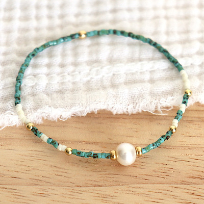 Natural Freshwater Pearl and Dyed Natural Howlite Rice Beaded Stretch Bracelets for Women PF0459-2-1