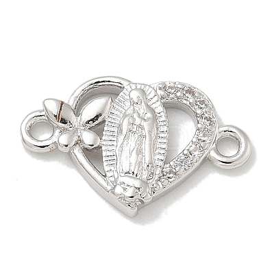 Rack Plating Brass Micro Pave Clear Cubic Zirconia Religion Heart Virgin Mary Connector Charms KK-L224-099P-01-1