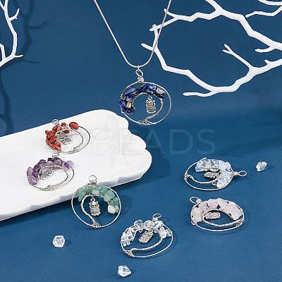 7Pcs 7 Styles Owl Alloy Chip Beads Copper Wire Wrapped Pendant Sets FIND-FH0006-75-1
