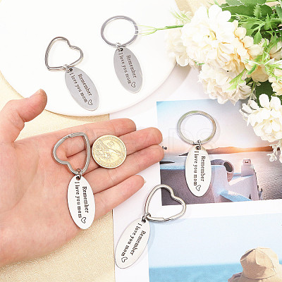 6Pcs 2 Styles Mother's Day Oval with Word Remember I Love You Mom Stainless Steel Keychain AJEW-GO0001-57-1
