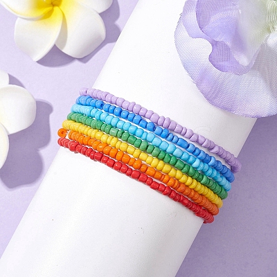7 PCS Rainbow Style Glass Seed Beads Bracelets Sets for Women BJEW-JB10065-01-1