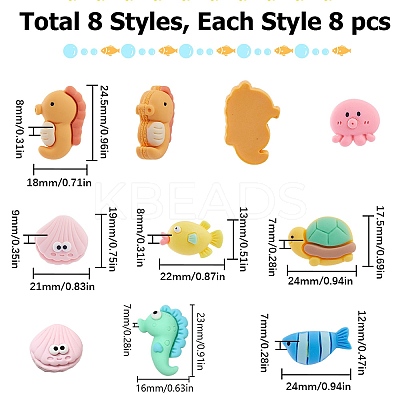 64Pcs 8 Styles Opaque Resin Sea Animals Cabochons CRES-SC0002-63-1