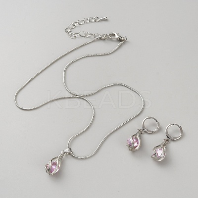 Teardrop Brass & Cubic Zirconia Pendant Necklaces & Hoop Earrings Jewelry Set for Women SJEW-WH0008-05P-01-1
