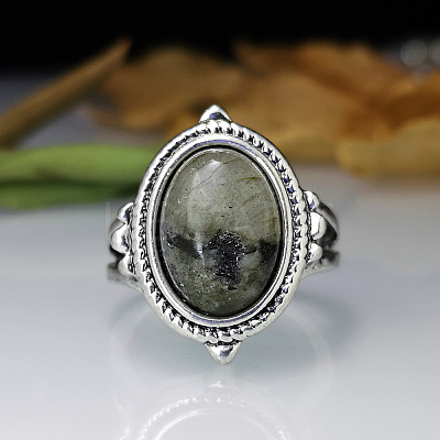 Oval Zinc Alloy Natural Labradorite Finger Rings WG970F5-01-1