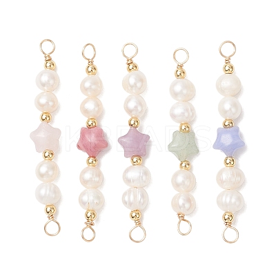 Synthetic Blue Lace Agate & Natural Rhodonite & Rose Quartz & Green Aventurine & Lepidolite/Purple Mica Stone Star with Natural Cultured Freshwater Pearl Connector Charms PALLOY-JF04719-1