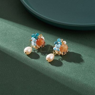 Natural Carnelian & Apatite Beaded Flower with Shell Pearl Dangle Stud Earrings EJEW-TA00163-1