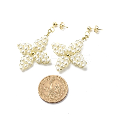 Glass Pearl Braided Star Stud Earrings EJEW-JE04982-02-1