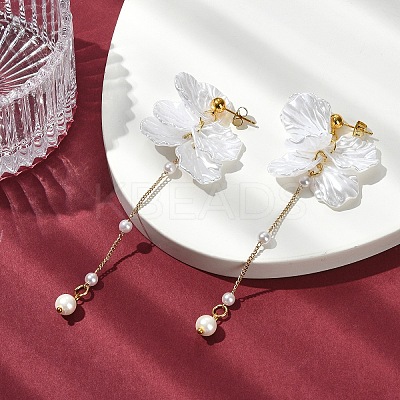Acrylic Pearl Petal & Shell Pearl Bead Stud Dangle Earrings EJEW-YW00005-1