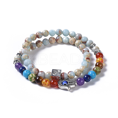 Two Loops Natural & Synthetic Gemstone Beads Warp Stretch Bracelets BJEW-JB04223-1