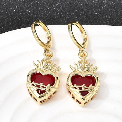 Heart Brass Glass Hoop Earrings EJEW-P333-09F-G-1
