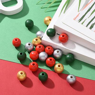 160Pcs 4 Colors Christmas Painted Natural Wood Round Beads WOOD-LS0001-01N-1
