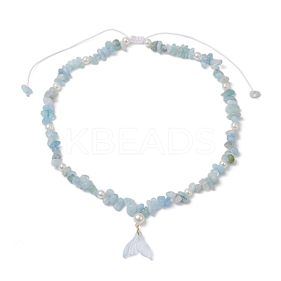 Natural Aquamarine Chip & Imitaton Round Pearl Beaded Adjustable Necklaces NJEW-JN05227-05-1