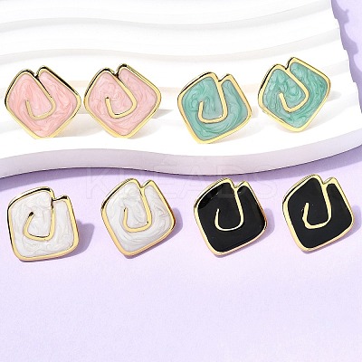 Rhombus 201 Stainless Steel Enamel Stud Earrings EJEW-Z151-12G-01-1