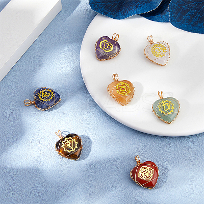 7Pcs 7 Styles Chakra Natural Tiger Eye & Sodalite & Red Jasper & Quartz Crystal & Green Aventurine & Amethyst & Red Aventurine Copper Wire Wrapped Heart Pendants with Golden Tone Metal Slices PALLOY-FH00093-1