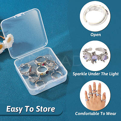 7Pcs 7 Style Rhinestone Heart & Star & Half Round Open Cuff Rings Set with Cat Eye Beaded RJEW-TA0001-03-1