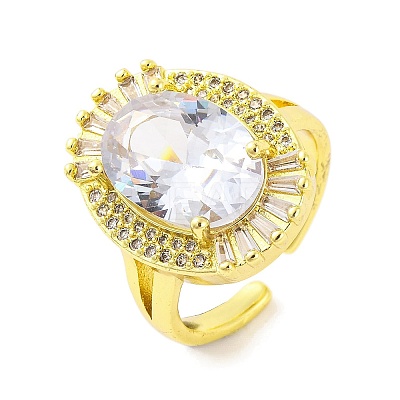 Oval Cubic Zirconia & Glass Open Cuff Ring RJEW-U003-21-1