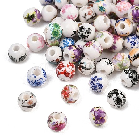 Printed Floral Printed Porcelain Beads PORC-T137-01A-1