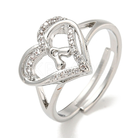 Heart with Letter Rack Plating Brass Micro Pave Clear Cubic Zirconia Adjustable Rings for Women RJEW-I105-01P-A-1