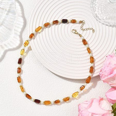 Rectangle Natural Amber and Round White Shell Pearl Beaded Necklaces NJEW-JN05645-1