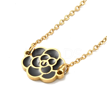 Black Enamel Flower Pendant Necklace with Plastic Pearl Beaded NJEW-G036-08G-1